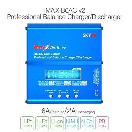 Hot Sales SKYRC IMAX B6AC V2 6A LCD Display Charger and Discharger RC Model Battery Re-peak Mode with QC3.0 Drones Accessories